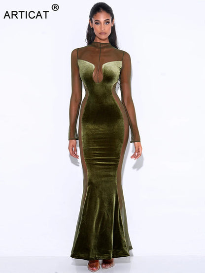 Vestido de noche verde de manga larga para mujer, sexy, transparente, de malla, ajustado, elegante, para fiesta y club, para otoño