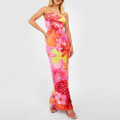 Vestido tubo sexy de los años 2000 para mujer, de verano, con estampado floral, sin tirantes, sin mangas, sin espalda, vestidos largos para cóctel, fiesta en la playa.