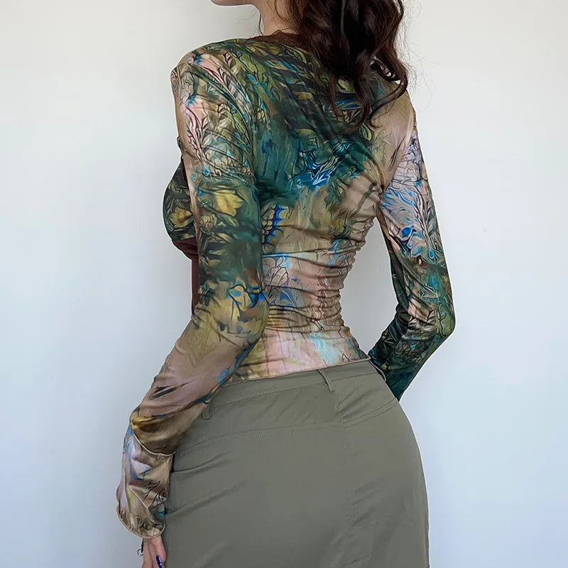 2000s Crop Top Vintage Aesthetic Graphic Floral Flared Long Sleeve T Shirts y2k Women Grunge Fairy Print Tee Streetwear