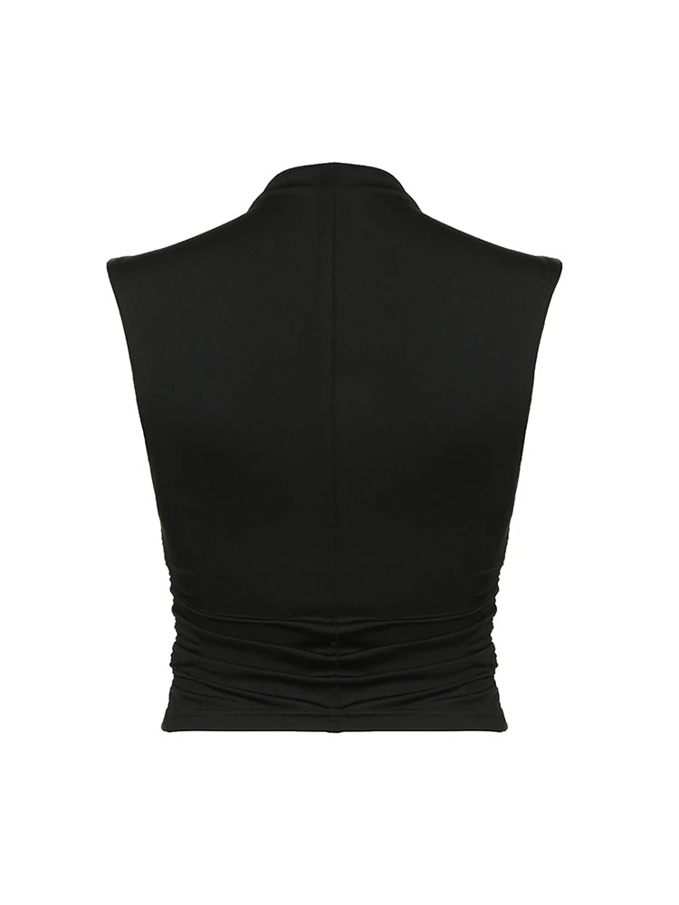 Camiseta sin mangas de cuello alto para mujer, negra, lisa, sencilla, básica, elegante, con fruncido lateral, ajustada