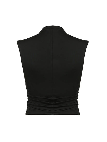 Camiseta sin mangas de cuello alto para mujer, negra, lisa, sencilla, básica, elegante, con fruncido lateral, ajustada