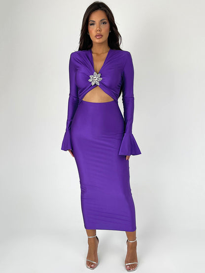 Elegant Hollow Out Sexy Maxi Dress For Women Spring New V Neck Long Flare Sleeve Bodycon Club Party Evening Dress