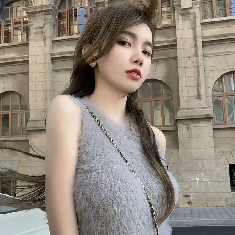 Sexy Faux Fur Crop Tops Women Vintage Y2k Clothes Knitted Tank Top Sleeveless Club Party Outfits Korean Fashion New