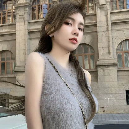 Sexy Faux Fur Crop Tops Women Vintage Y2k Clothes Knitted Tank Top Sleeveless Club Party Outfits Korean Fashion New