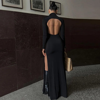 Elegant Basic Long Sleeve Solid Hole Backless Slit Split Women’S Dresses Party Club Evening Wholesale Winter Clothes