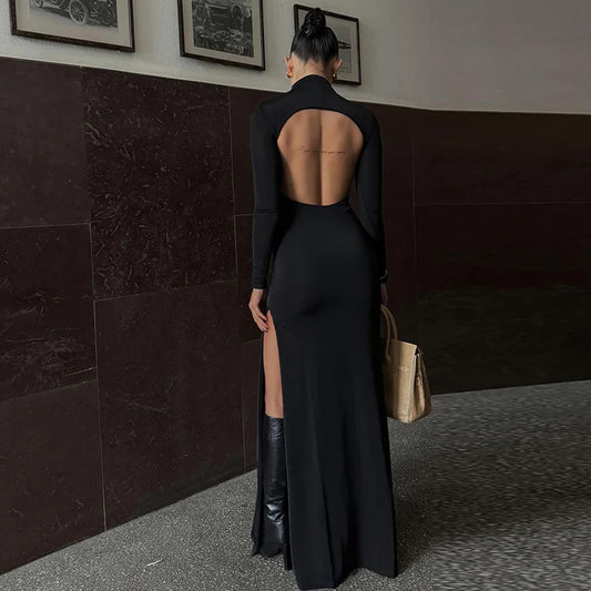 Elegant Basic Long Sleeve Solid Hole Backless Slit Split Women’S Dresses Party Club Evening Wholesale Winter Clothes