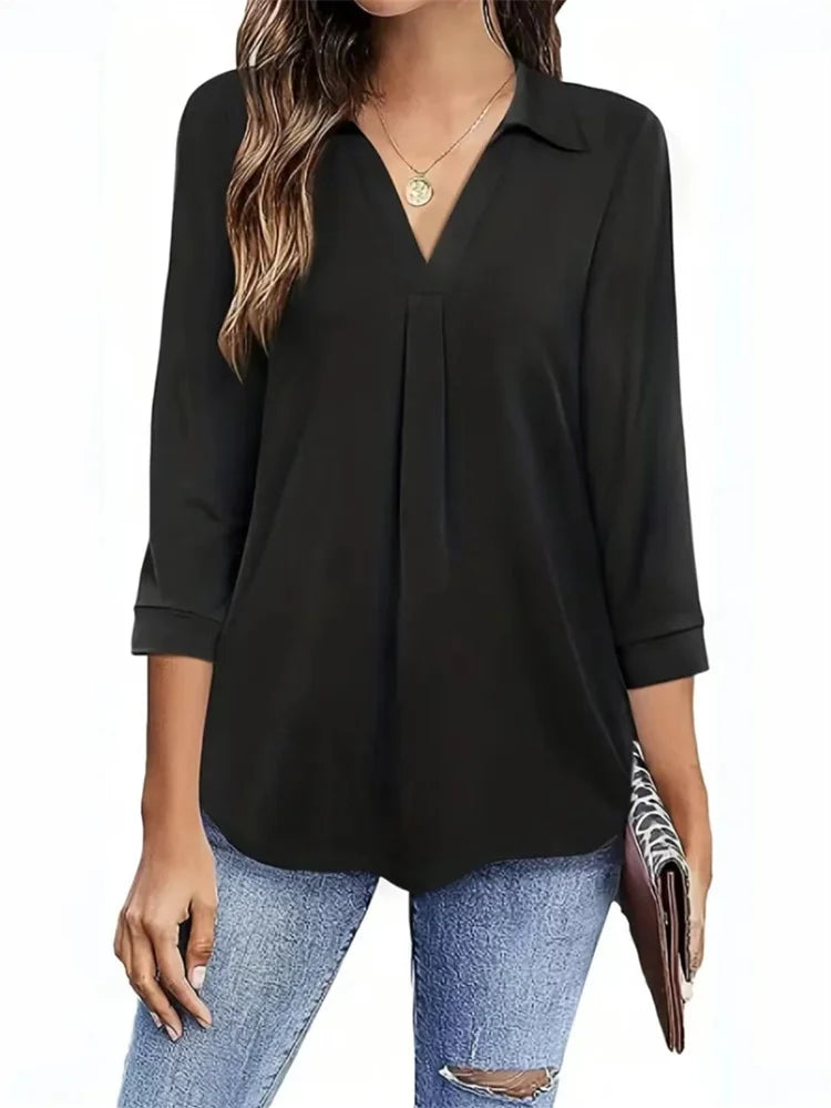 Blusas de estilo primavera-verano para mujer, camisas informales para dama, manga tres cuartos, cuello vuelto, color liso, blusas holgadas, DF5012