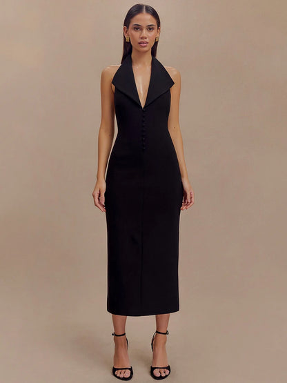 Vestido largo sexy sin mangas con escote en V profundo y cuello halter para mujer, elegante vestido ajustado con espalda descubierta y tirantes finos, vestido largo de moda para mujer