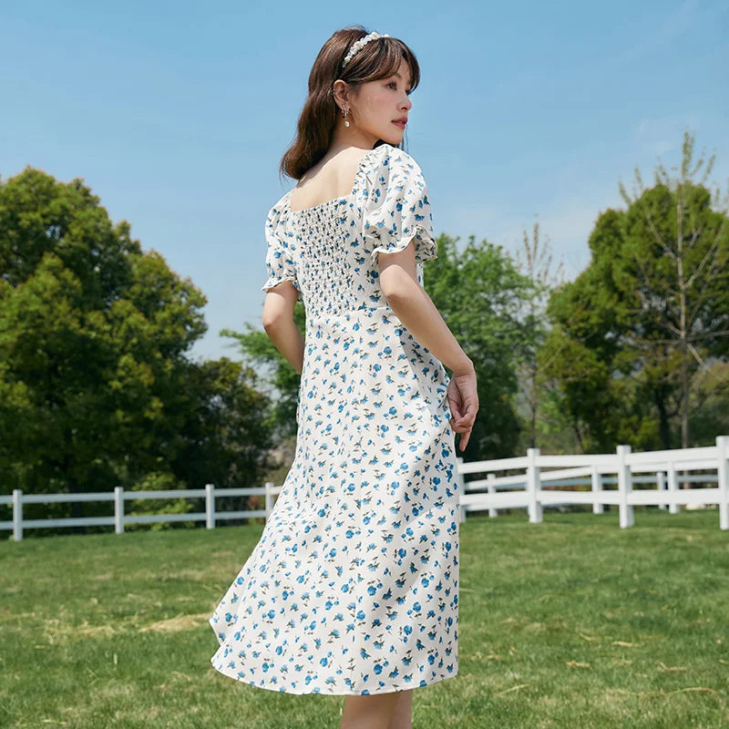 Dress Women Texture Chiffon Floral Romantic Temperament Square Neck Tea Break Dress