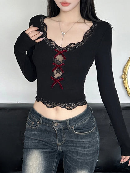 Tops de mujer con cuello en V y lazo de terciopelo con encaje empalmado, manga larga, corte entallado, sexy, moda de otoño, nueva ropa