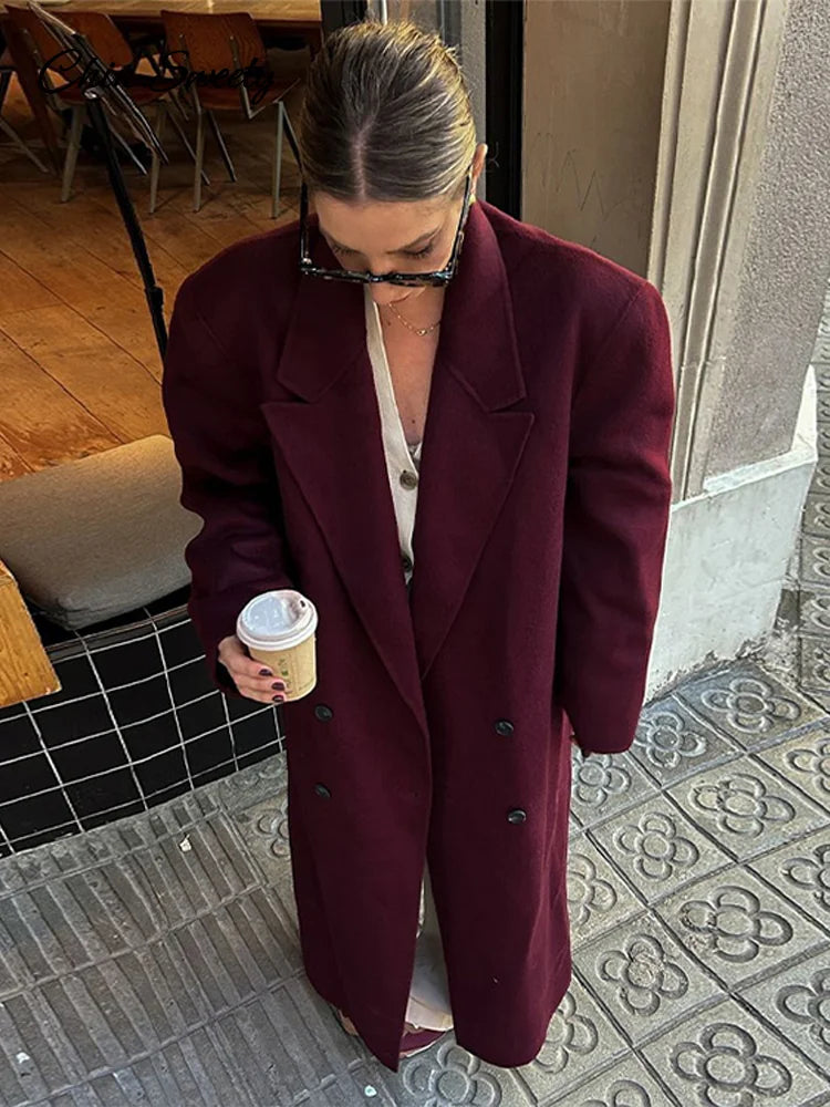 Abrigo largo de lana burdeos y rojo a la moda para mujer, con hombreras extragrandes, manga larga, doble botonadura, ropa de calle de otoño para mujer
