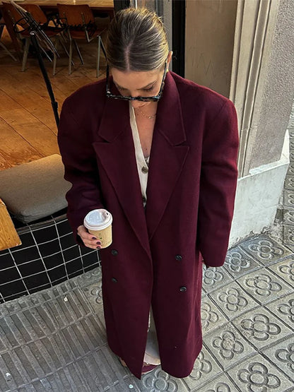Abrigo largo de lana burdeos y rojo a la moda para mujer, con hombreras extragrandes, manga larga, doble botonadura, ropa de calle de otoño para mujer
