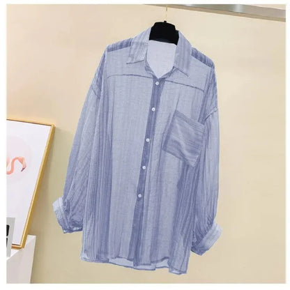Blusa elegante de gasa transparente de manga larga con protección solar para mujer, estilo coreano, holgada, estilo cárdigan playero de verano.