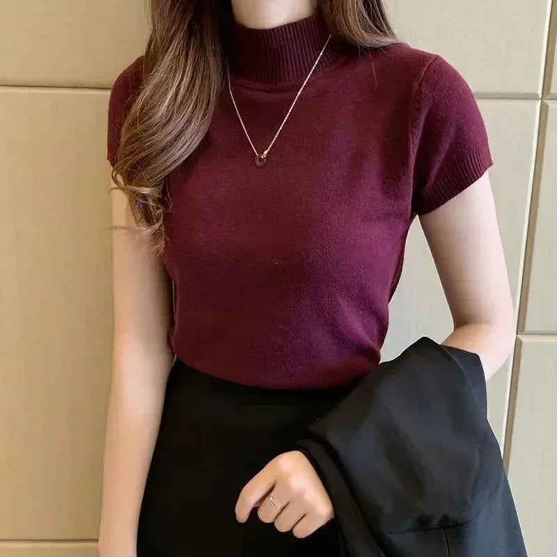 Blusas y tops de mujer Blusa de manga corta de verano para mujer Blusas de mujer de moda Blusa de punto de cuello alto Tops de camisa