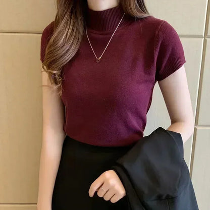Blusas y tops de mujer Blusa de manga corta de verano para mujer Blusas de mujer de moda Blusa de punto de cuello alto Tops de camisa