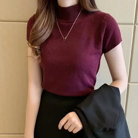 Blusas y tops de mujer Blusa de manga corta de verano para mujer Blusas de mujer de moda Blusa de punto de cuello alto Tops de camisa