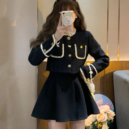 Autumn New Elegant Two-Piece Skirt Sets Women Korean Fashion Chic Crop Jacket Coat Solid Mini Skirt Female Clothing Y2K Outfits