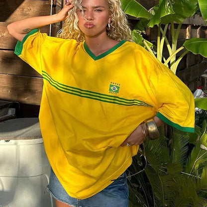 Camiseta holgada de manga corta con estampado de letras informal de cuello redondo para mujer de hip hop de Europa y Estados Unidos para primavera y verano