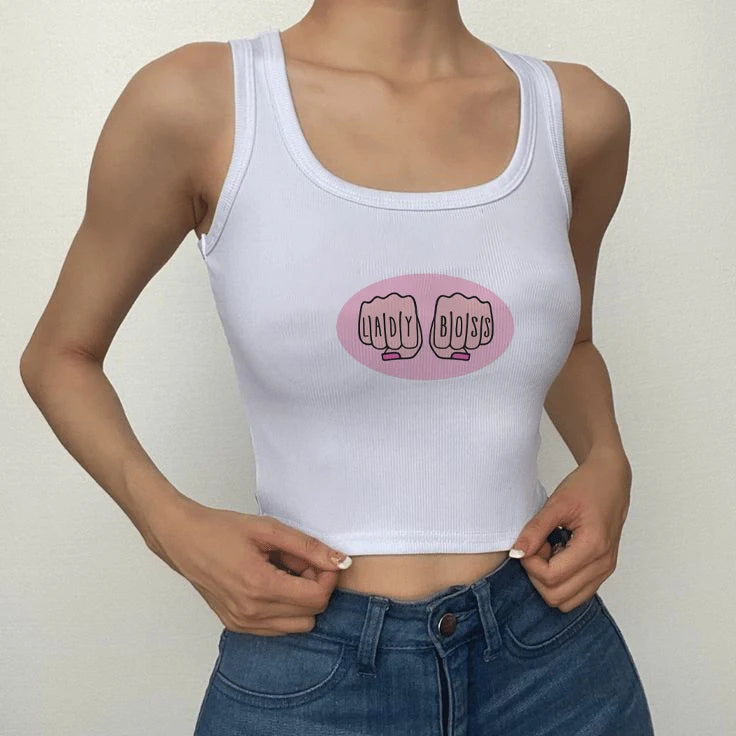 Camiseta básica americana de cuello redondo con estampado de letras, de punto, de manga corta, estilo Spice Girls, top corto ajustado de verano