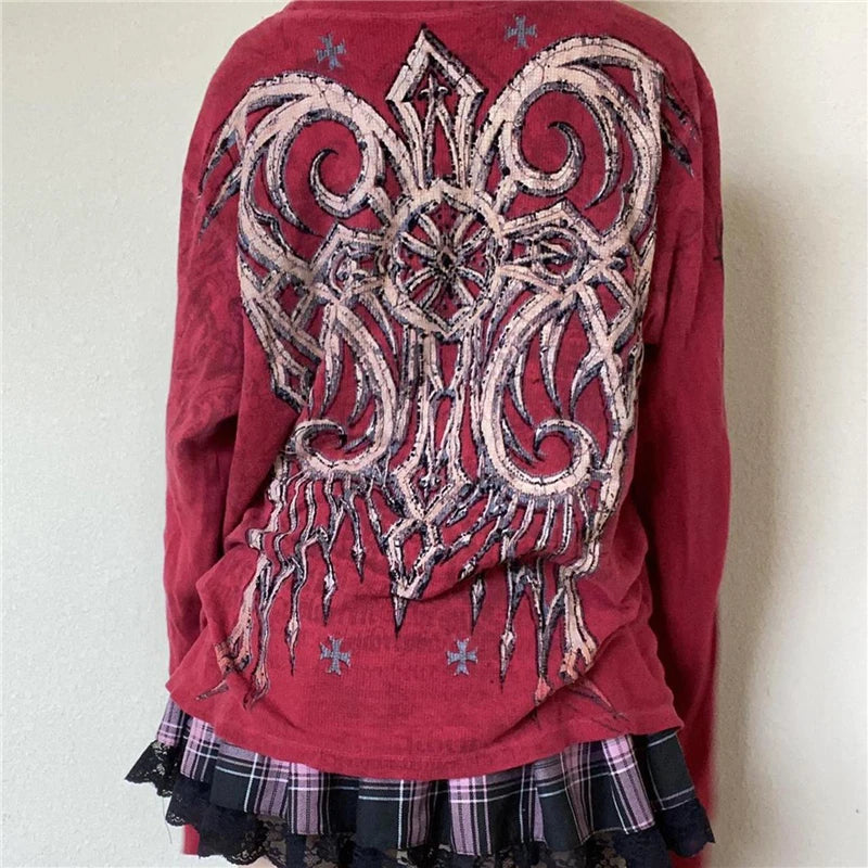 Camiseta de manga larga con cuello redondo y estampado gráfico gótico de Fairy Grunge Y2K para mujer, ropa emo de los años 2000, ropa urbana