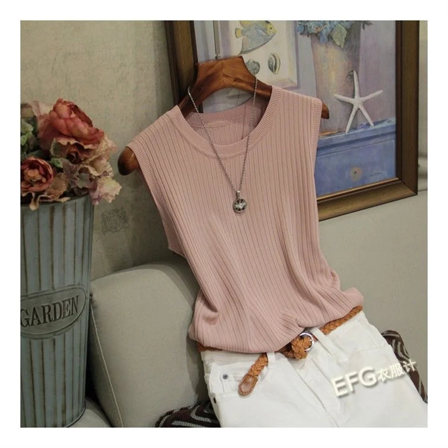 Blusa de verano sin mangas para mujer, blusa de punto con cuello redondo, ropa para mujer, tops para mujer DF4903