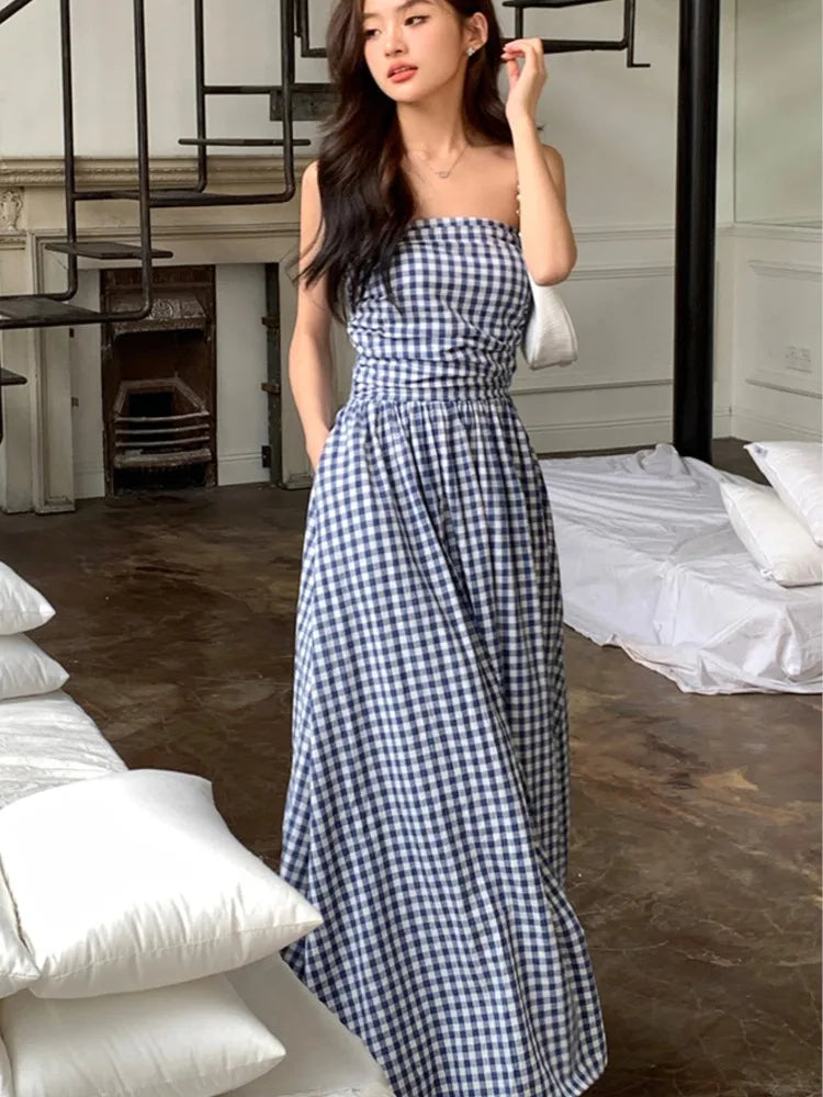 Vestidos midi casuales sin tirantes para mujer, a rayas, sin mangas, corte en A, estilo coreano, elegante, para fiesta de verano, nuevos vestidos para mujer