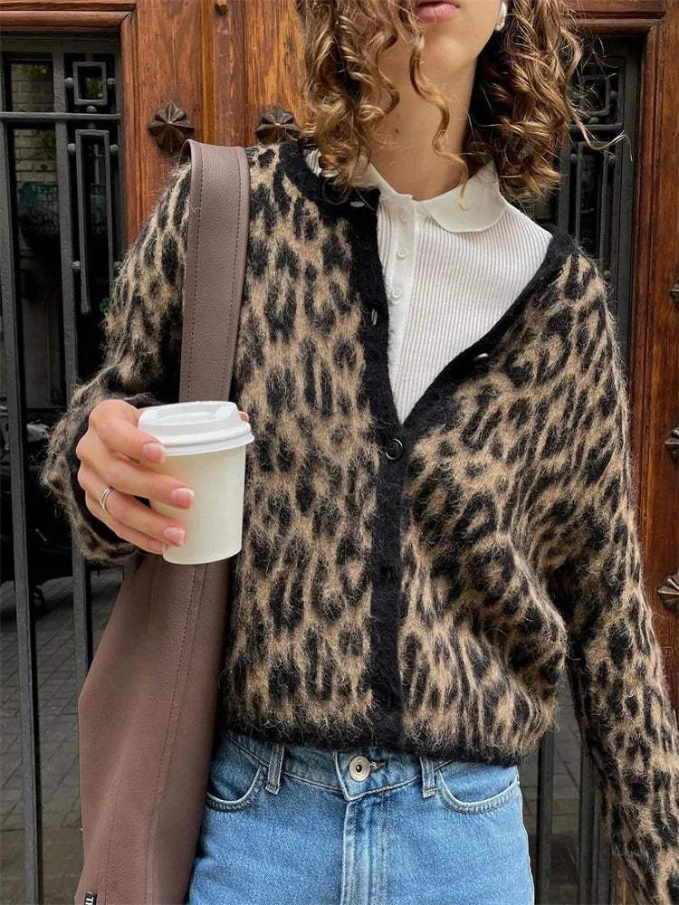 Suéter tipo cárdigan de leopardo para mujer, con estampado de moda en contraste, holgado, de manga larga, para ir al trabajo, cárdigan de otoño para mujer