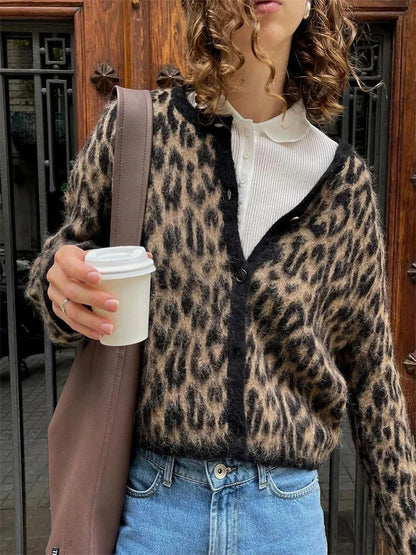 Suéter tipo cárdigan de leopardo para mujer, con estampado de moda en contraste, holgado, de manga larga, para ir al trabajo, cárdigan de otoño para mujer