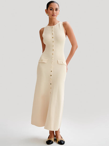 Elegant Sleeveless Buttoned Maxi Dress For Women Fashion Solid Round Two Pocket Slim Knit Long Dress Knitwear New