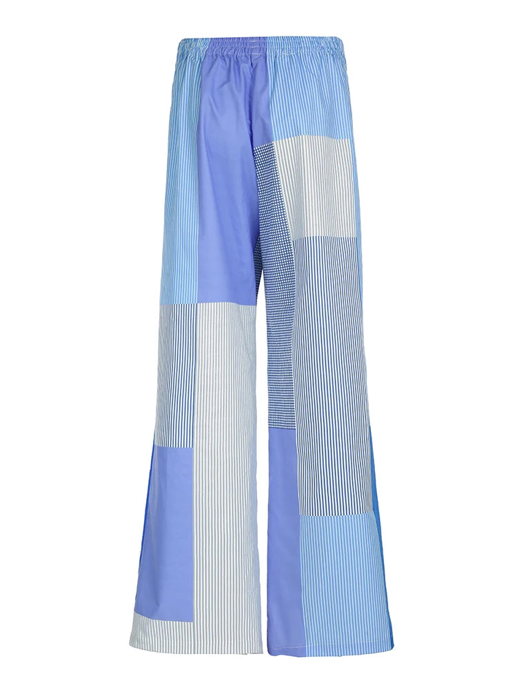 Pantalones holgados con diseño de bloques de color grunge y rayas azules para mujer, cintura elástica, sueltos, informales, tejidos, ropa de casa informal