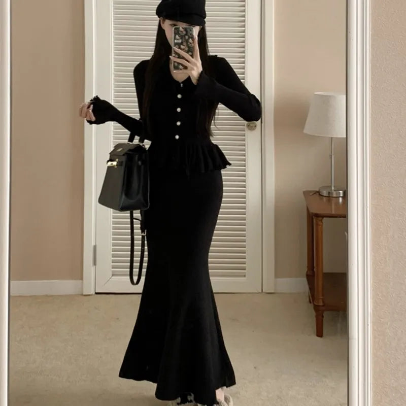 Autumn Winter Knitted 2-Piece Sets Women Ruffles Tops Bodycon Fishtail Skirt Slim Solid Knitwear Outfits Korean Fashion Suit