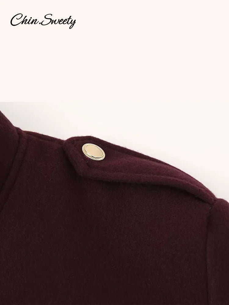 Chaqueta de lana color burdeos para mujer, cuello alto, botonadura sencilla, bolsillo, abrigo corto grueso, ropa de otoño para el día a día, nueva
