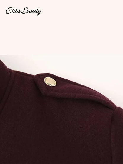 Chaqueta de lana color burdeos para mujer, cuello alto, botonadura sencilla, bolsillo, abrigo corto grueso, ropa de otoño para el día a día, nueva
