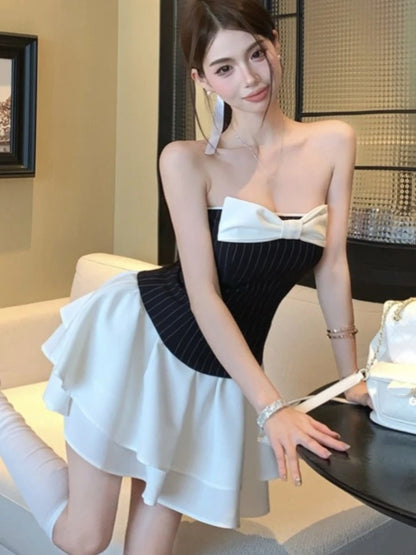 Vestidos cortos sexis de retazos a rayas para mujer, sin tirantes, con capas, volantes, corte A, con lazo, para fiesta de cumpleaños, moda coreana.