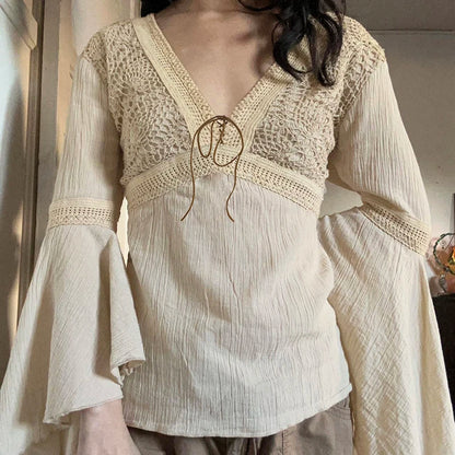 Elegant Beige Women Top Cotton V Neck Flare Sleeve Loose Fit Aesthetic Tee Shirt Vintage Chic Back Lace Up Pullovers