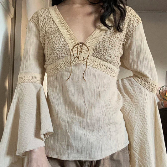 Elegant Beige Women Top Cotton V Neck Flare Sleeve Loose Fit Aesthetic Tee Shirt Vintage Chic Back Lace Up Pullovers