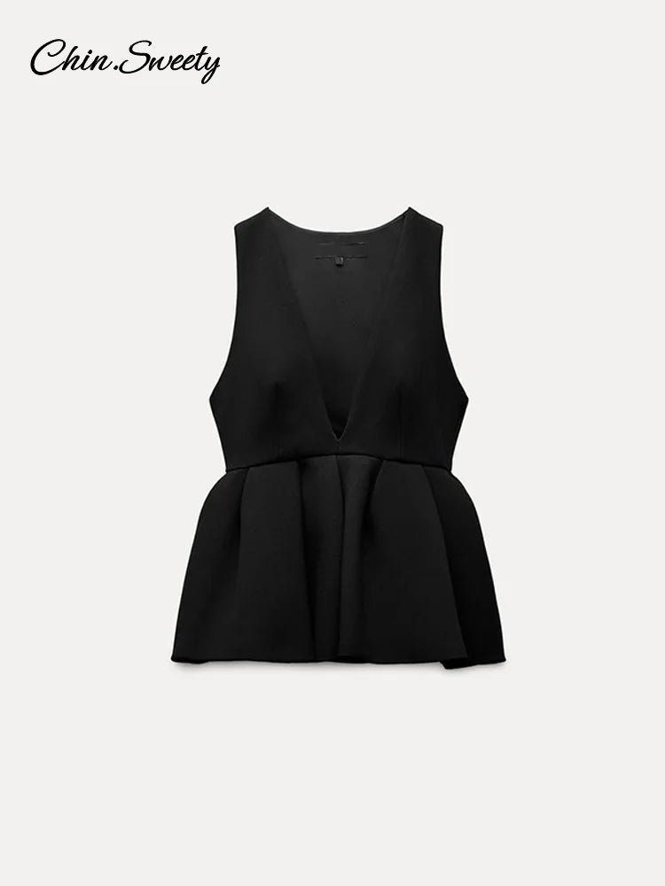 Black Elegant Pant Suit Women V-neck Sleeveless Ruffles Tank Tops Loose Trouser Female 2 Pieces 2025 Fashion Lady Outfits New