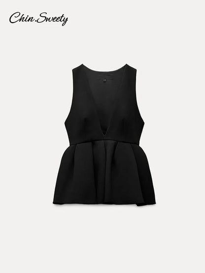 Black Elegant Pant Suit Women V-neck Sleeveless Ruffles Tank Tops Loose Trouser Female 2 Pieces 2025 Fashion Lady Outfits New