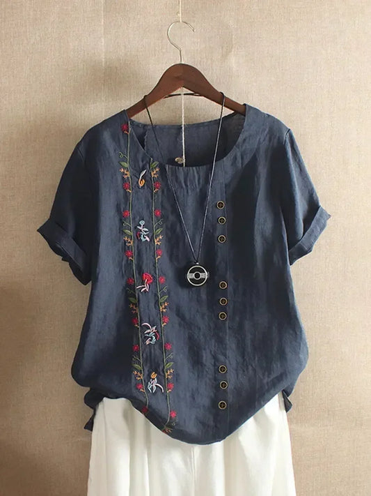 Camisa de lino y algodón con bordado de flores para mujer, blusa informal de verano con cuello redondo y manga corta, color blanco, elegante, estilo urbano