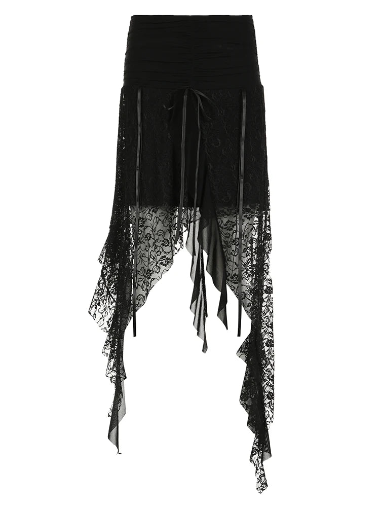 Faldas midi de encaje gótico negro liso para mujer, con dobladillo asimétrico, elegantes, para vacaciones, estilo bohemio.