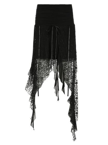 Faldas midi de encaje gótico negro liso para mujer, con dobladillo asimétrico, elegantes, para vacaciones, estilo bohemio.