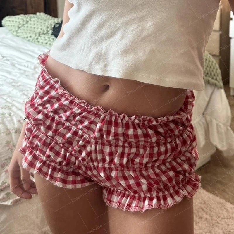 Pantalones cortos a cuadros estilo cabaña vintage de los años 90, pantalones bombachos elásticos ajustados para mujer, ropa de estar por casa estilo kawaii, bragas bonitas estilo retro Y2K
