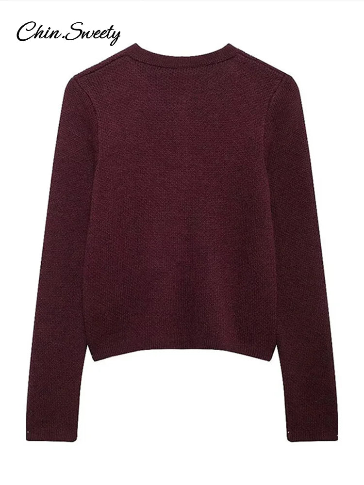 Cárdigan de punto burdeos para mujer, cuello redondo, botonadura sencilla, manga larga, bolsillo, otoño e invierno, prendas de punto que combinan con todo.