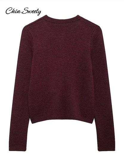 Cárdigan de punto burdeos para mujer, cuello redondo, botonadura sencilla, manga larga, bolsillo, otoño e invierno, prendas de punto que combinan con todo.