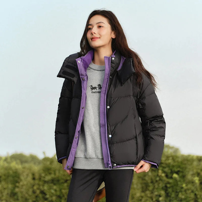 Chaqueta de plumas para mujer, suelta, con colores contrastantes, nueva chaqueta acolchada con capucha de invierno, personalidad moderna y de moda.