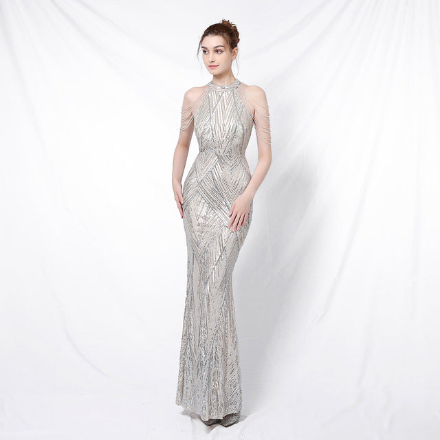 Vestido de noche elegante con cuello halter y lentejuelas, falda a la cadera con borlas de cristal, sin mangas, liso, con decoración de diamantes de imitación, vestido largo para mujer