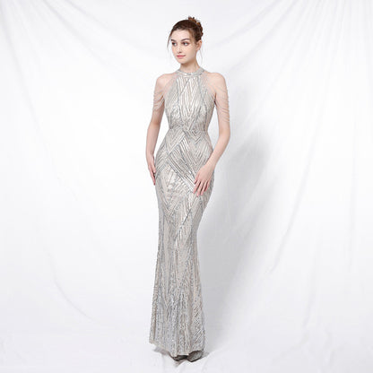 Vestido de noche elegante con cuello halter y lentejuelas, falda a la cadera con borlas de cristal, sin mangas, liso, con decoración de diamantes de imitación, vestido largo para mujer