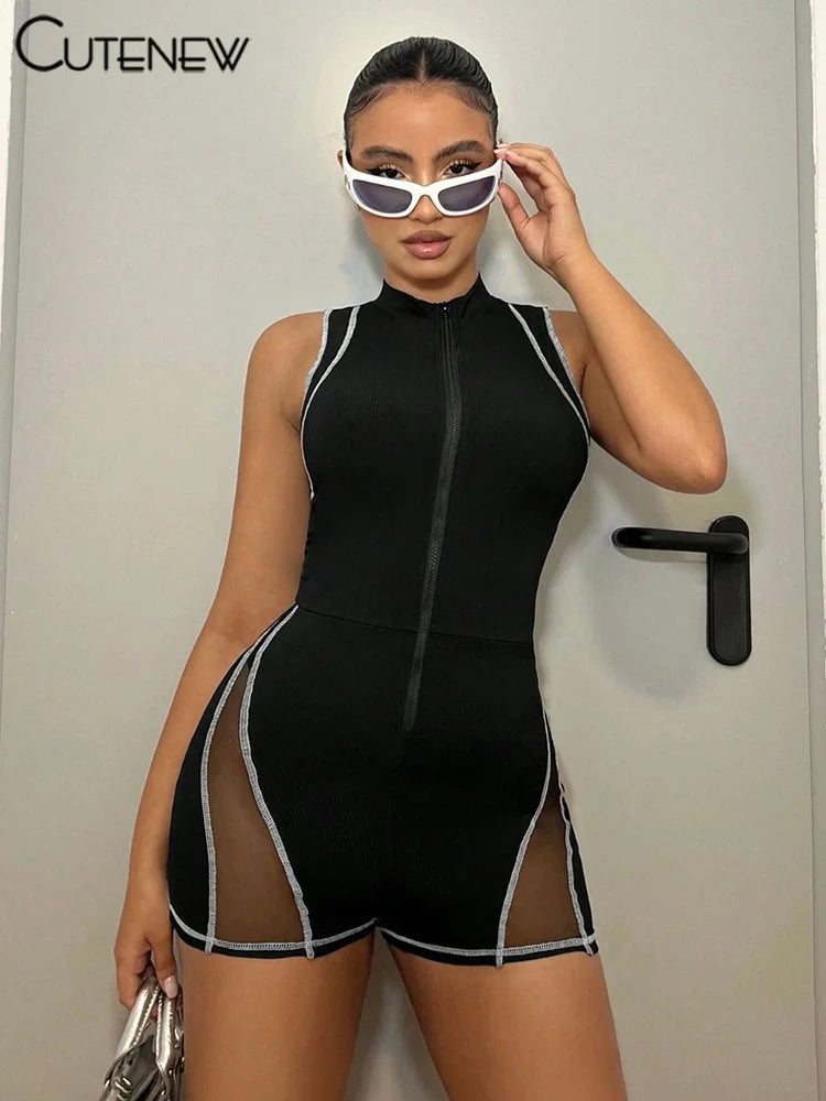 Women’s Black Mesh Patchwork Playsuit Casual Sleeveless Zipper Sporty Rompers Skinny Female Basic Jumpsuit Streetwear
