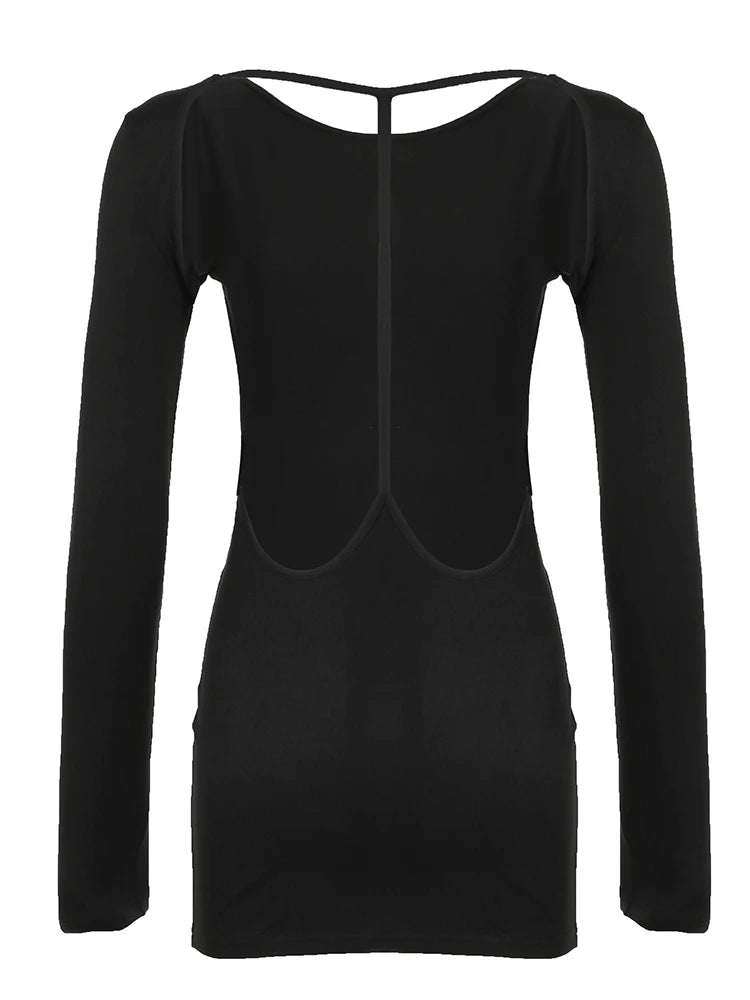 Vestido corto ajustado de manga larga, sexy y elegante, sin espalda, para mujer, estilo rave, club, negro, liso, para fiesta