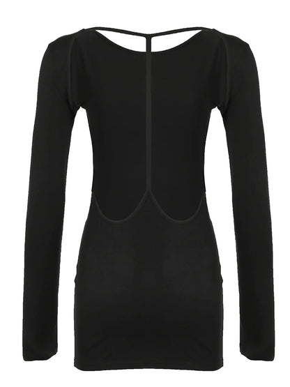 Vestido corto ajustado de manga larga, sexy y elegante, sin espalda, para mujer, estilo rave, club, negro, liso, para fiesta